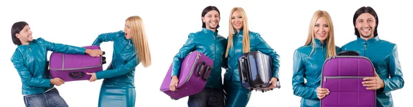 Menina bonita e homem segurando malas isoladas em branco — Fotografia de Stock