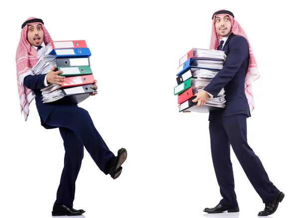 Arab businessman with many folders on white — Stock Photo, Image