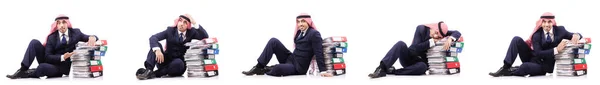 Arabský obchodník s mnoha složkami na bílém pozadí — Stock fotografie