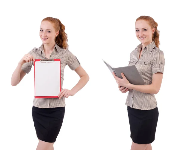Hübsche junge Angestellte mit Papier isoliert auf weiß — Stockfoto