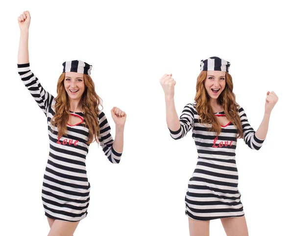 Pretty girl in prisoner uniform isolated on white — Stock Photo, Image