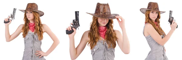 Woman gangster with gun isolated on white — Stock Photo, Image