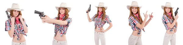 Zrzka cowgirl s pistolí izolovaných na bílém — Stock fotografie