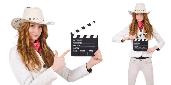 Unga cowgirl med film board isolerad på vit — Stockfoto