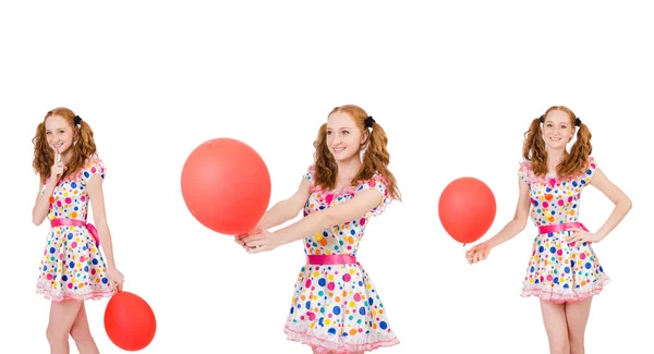 Jeune femme avec ballon rouge isolé sur blanc — Photo