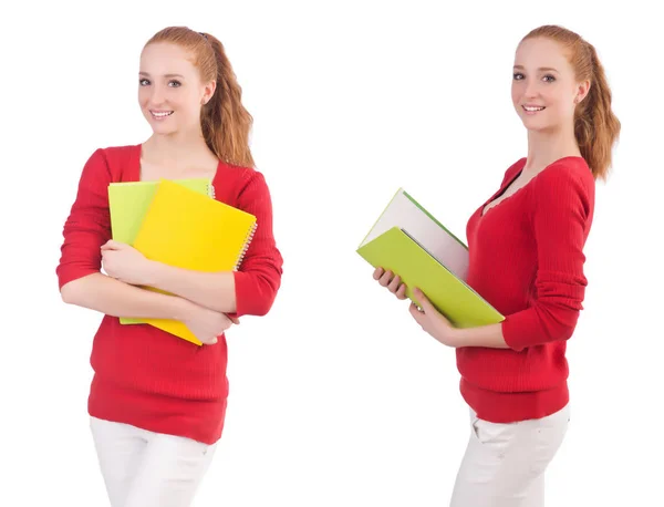 Joven estudiante con libros sobre blanco — Foto de Stock