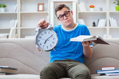 Sınavlara hazırlanan genç öğrenci kanepede ders çalışıyor.