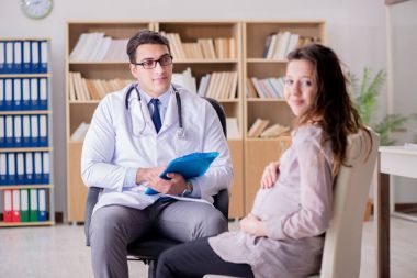 Hamile kadın muayene için doktoru ziyaret ediyor.