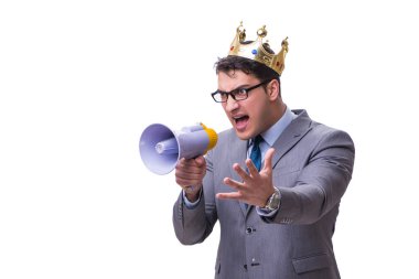 Beyaz arka plan üzerinde izole bir megafon ile Kral işadamı