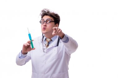 Beyaz şırıngalı komik doktor.