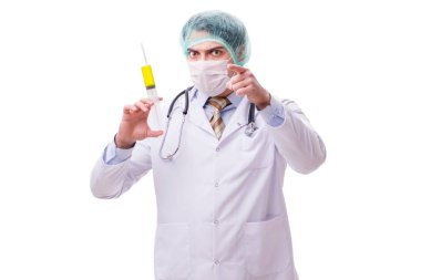 Beyaz şırıngalı komik doktor.