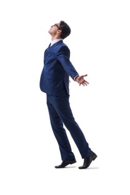 İşadamı yürüme ayakta yan görüntülemek izole üzerinde beyaz backgro