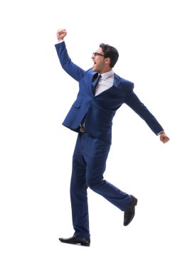 İşadamı yürüme ayakta yan görüntülemek izole üzerinde beyaz backgro