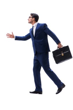 İşadamı yürüme ayakta yan görüntülemek izole üzerinde beyaz backgro