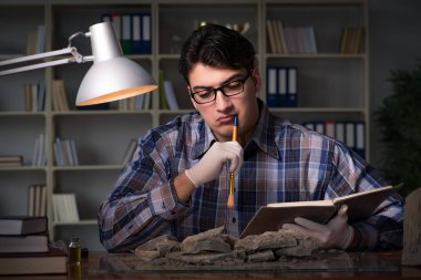 Arkeolog geç saatlere kadar ofiste çalışıyor.