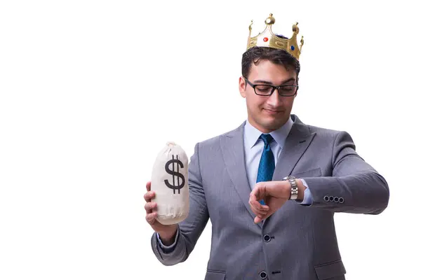 King businessman holding money bag isolated on white background — Stock Photo, Image