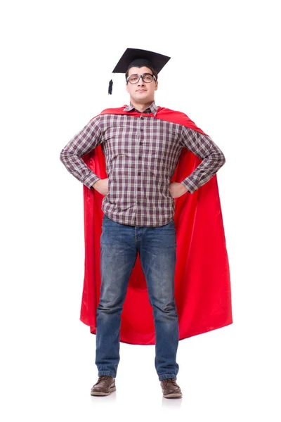 Superhelden-Student mit Mörsermütze isoliert — Stockfoto