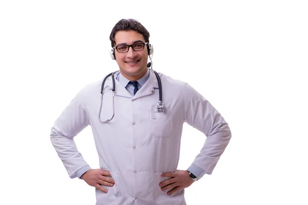 Jeune médecin avec casque de téléphone isolé sur blanc — Photo