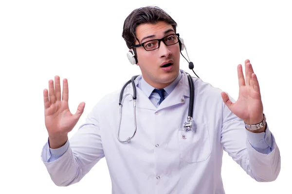 Médico joven con auriculares aislados en blanco — Foto de Stock