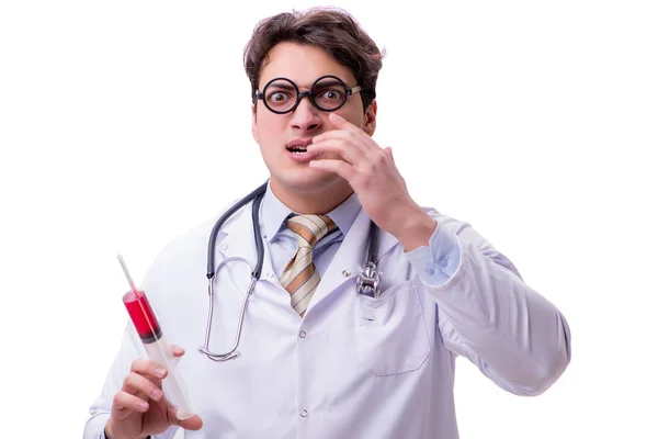 Funny doctor with syringe isolated on white — Stock Photo, Image