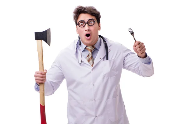 Grappige dokter met bijl geïsoleerd op wit — Stockfoto