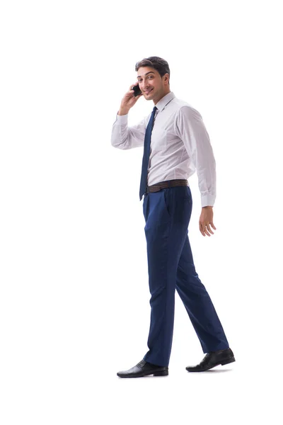 Empresário andando em pé vista lateral isolada no backgro branco — Fotografia de Stock