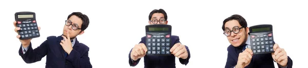 Homme drôle avec calculatrice isolé sur blanc — Photo