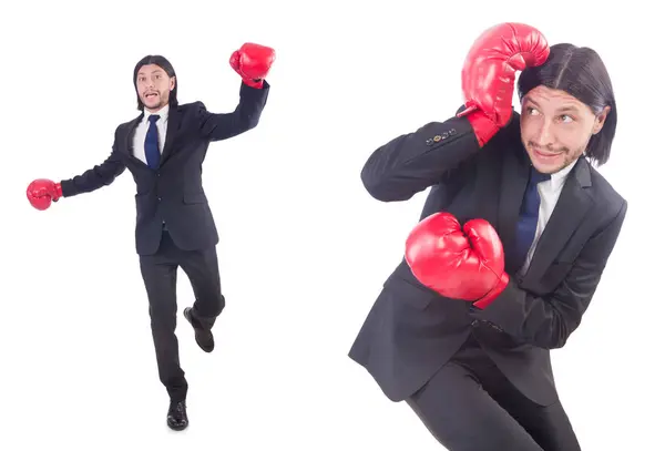 Homme d'affaires avec gants de boxe sur blanc — Photo