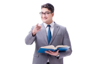 Beyaz arka planda izole edilmiş bir kitap okuyan işadamı öğrencisi