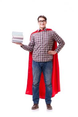 Kitapları beyaza ayrılmış süper kahraman öğrenci.