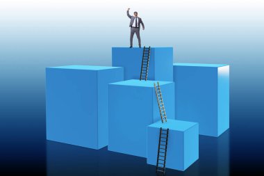 İş adamı kariyer merdiveni iş konseptinde engellere tırmanıyor
