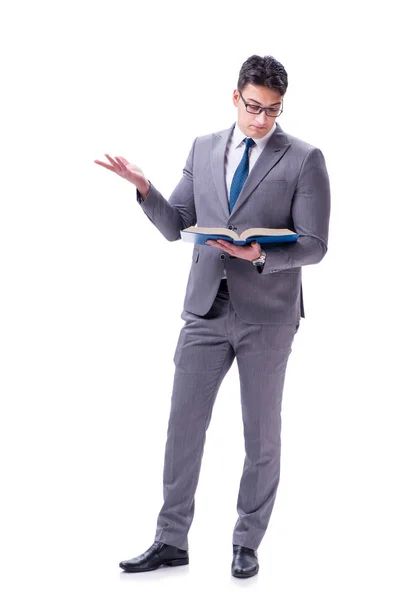 Businessman Student liest ein Buch isoliert auf weißem Hintergrund — Stockfoto