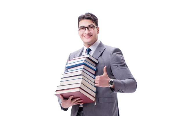 Studente uomo d'affari che trasporta tenendo mucchio di libri isolati su w — Foto Stock