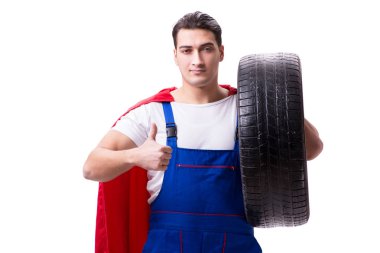 Lastik izole edilmiş beyaz arka planı olan süper kahraman.