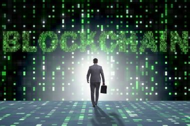 Engelleme zinciri kripto para birimi kavramında iş adamı