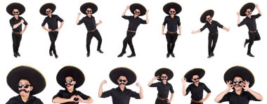 Meksika şapkası takan komik bir adam beyaz şapkalı.