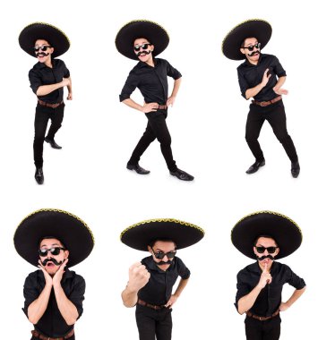 Meksika şapkası takan komik bir adam beyaz şapkalı.