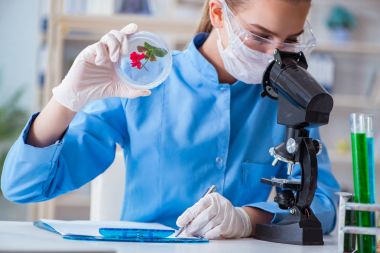 Bir laboratuarda deney yapan kadın bir bilim adamı.