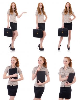 Genç ve güzel çalışan beyaz izole evrak çantası ile