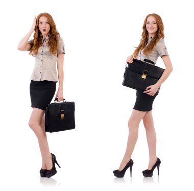 Genç ve güzel çalışan beyaz izole evrak çantası ile