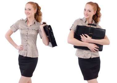 Genç ve güzel çalışan beyaz izole evrak çantası ile