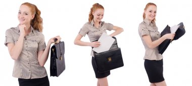 Genç ve güzel çalışan beyaz izole evrak çantası ile