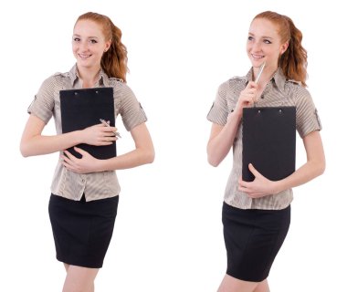 Genç ve güzel çalışan beyaz izole evrak çantası ile