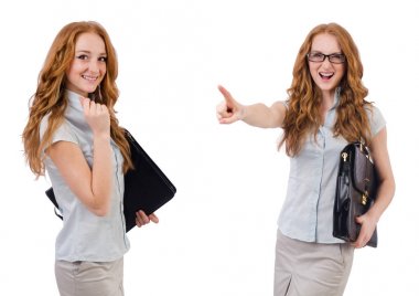 Genç ve güzel çalışan beyaz izole evrak çantası ile