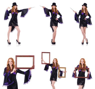 Güzel kız mor karnaval giyim ve üzerinde beyaz izole şapka