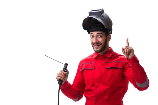 Jonge reparateur met een lassen pistool-indicatorelektrode en een helm isolat — Stockfoto
