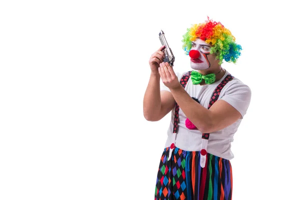 Vtipný klaun s pistolí izolované na bílém pozadí — Stock fotografie