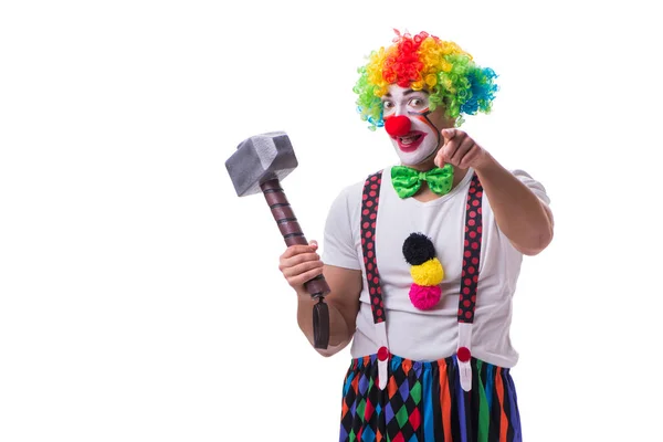 Clown divertente con un martello isolato su sfondo bianco — Foto Stock