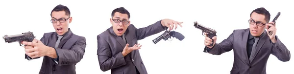 Divertido hombre de negocios con pistola en blanco —  Fotos de Stock