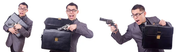 Funny businessman with gun on white — Stock Photo, Image